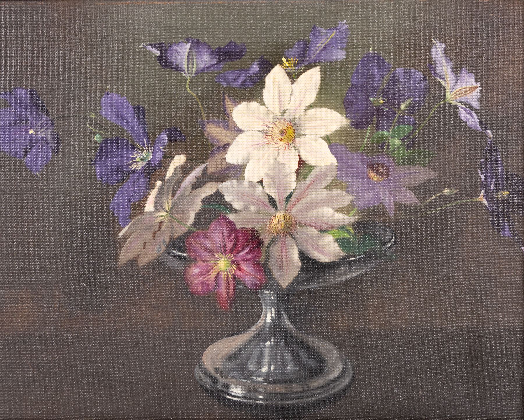 Manner of Margaret Evangeline Wilson (British 1890-1977): Still Life of Purple Flowers in a Glass Vase, oil on board unsigned 40cm x 50cm