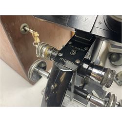 Four microscopes, including Cooke, Troughton & Simms no M467926, W Watson & Sons no 114758, W & J George & Beck Ltd no 36649 and one other 