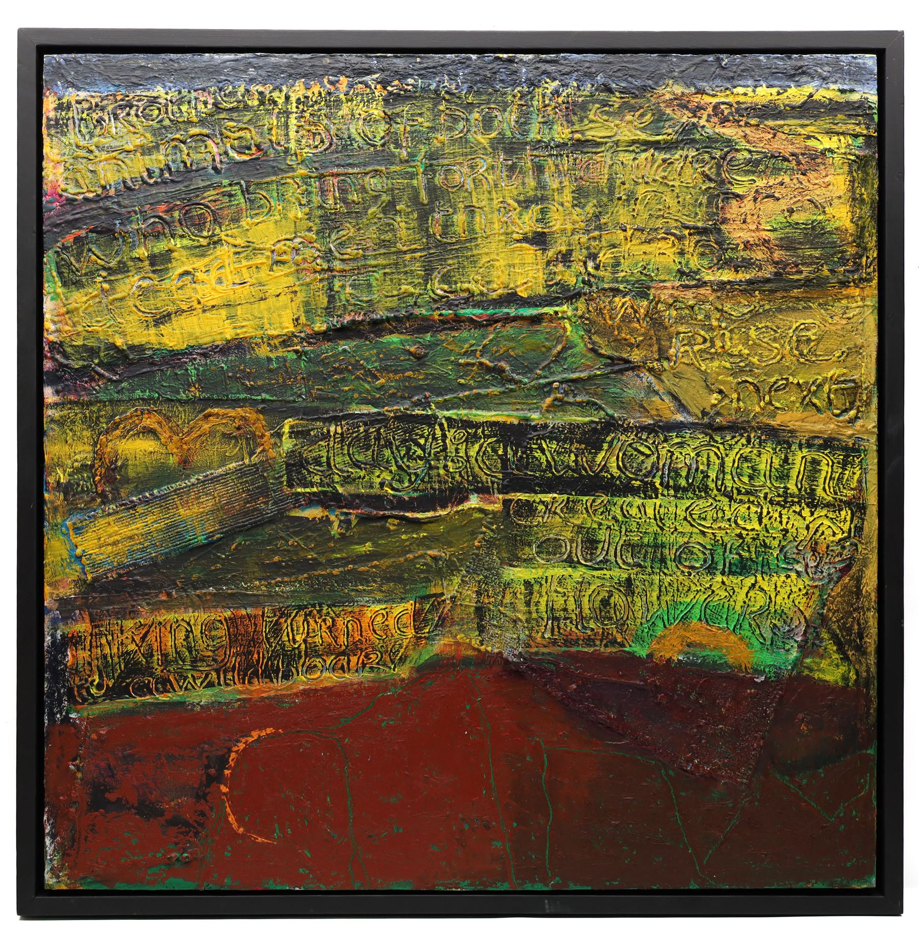 Gillian Ross Kelsey (British 1935-2025): 'Mountain Spirits', mixed media on board unsigned, titled on label verso 77cm x 77cm