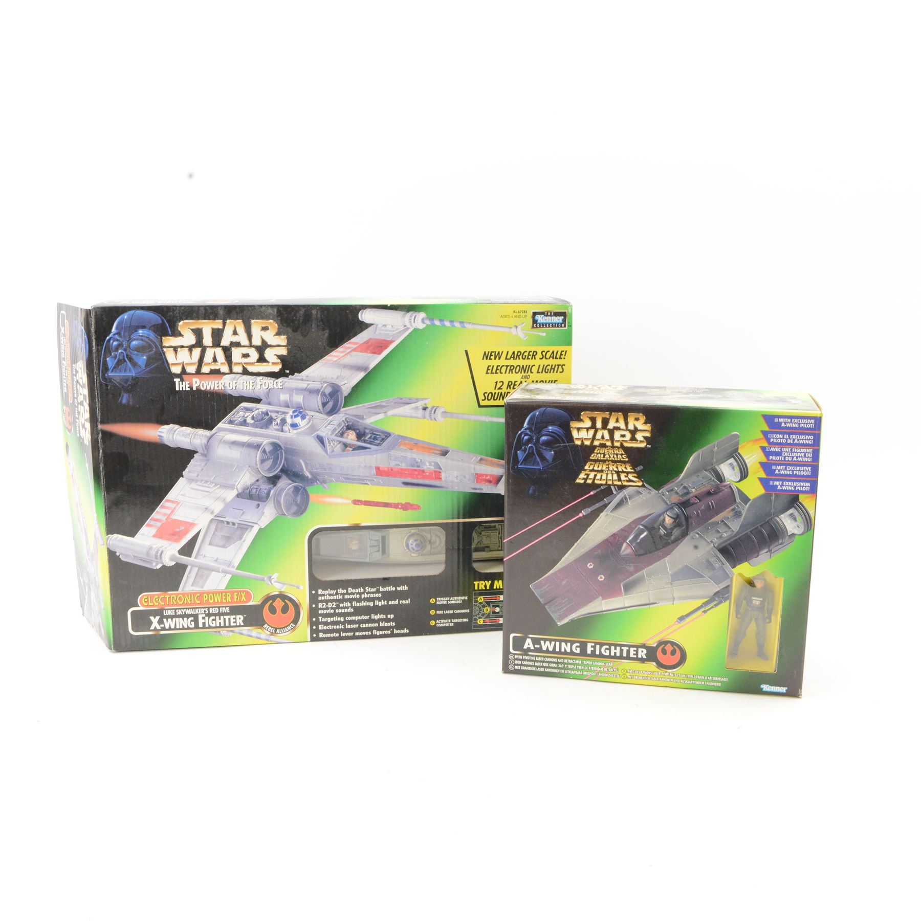 Two Kenner Star Wars vehicles circa 1996/98, comprising The Power Of The Force Electronic Power F/X Luke Skywalker's Red Five X-Wing Fighter no. 69784 and A Wing Fighter no. 69732, both boxed
