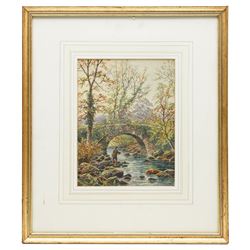Albert Dunnington (British 1860-1928): Countryside Views and Angler by a Bridge, four watercolours signed and three dated 1915-23, three in matching frames max 25cm x 35cm (4)