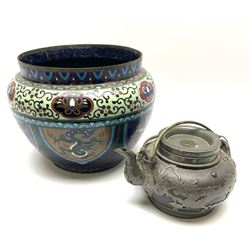 Chinese black stoneware tea pot of flattened circular form with pewter mounts including dragons chasing the flaming pearl, the dished lid with inset coin and double swing handle, numerous character marks to base, L19cm; and a damaged Chinese cloisonne jardiniere (2)