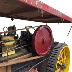 Mid-20th century scratch-built red and yellow painted live-steam scale model of a Showman's Traction Engine, 'Supreme' S.A. Oates & Sons, the simulated full length planked wooden canopy with brass supports and rope edging, with regulator, hand brake, chain steering , dynamo and water feed controls 19cm flywheel, 32cm diameter rear wheels with solid rubber tyres and 21cm diameter front wheels L102cm; together with scratch-built ride-on two-wheel trailer L58cm, and various brass rally plaques for 1980s/1990s.
This is a large, most interesting and comprehensive live-steam working model in need of re-furnishment and some repairs, the boiler has not been tested.