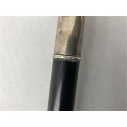 Continental silver handled walking cane, unmarked but testing around 800 standard, with engraved monogram to terminal, upon an ebonised cane, approximately H91.5cm