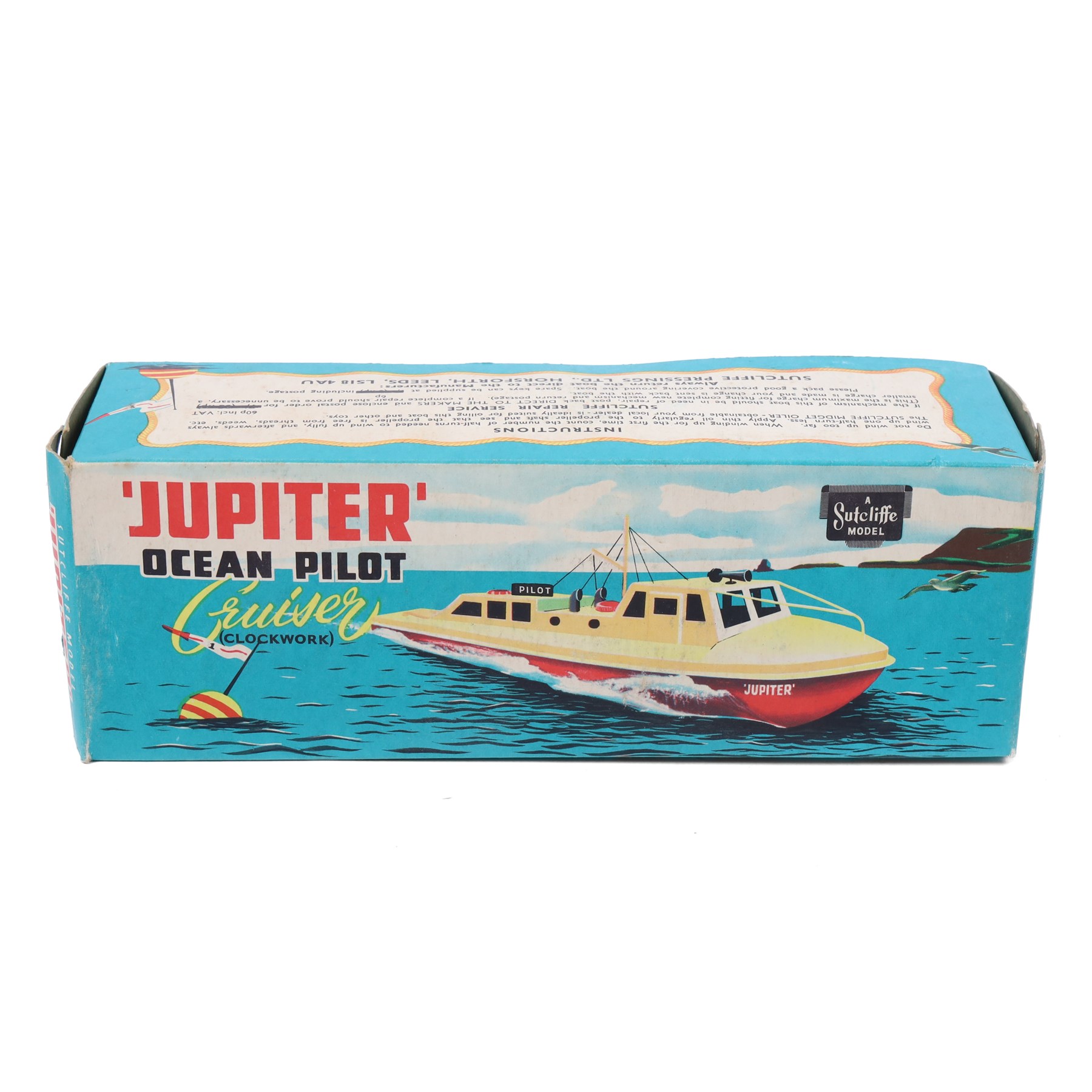 Sutcliffe Models tinplate clockwork Ocean Pilot Cruiser 'Jupiter', in red and white livery with metallic gold details, with key, boxed 