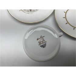 Susie Cooper Hyde Park pattern coffee set, comprising coffee pot, four coffee cans and saucers, dessert plates, together with three plates in a similar design 