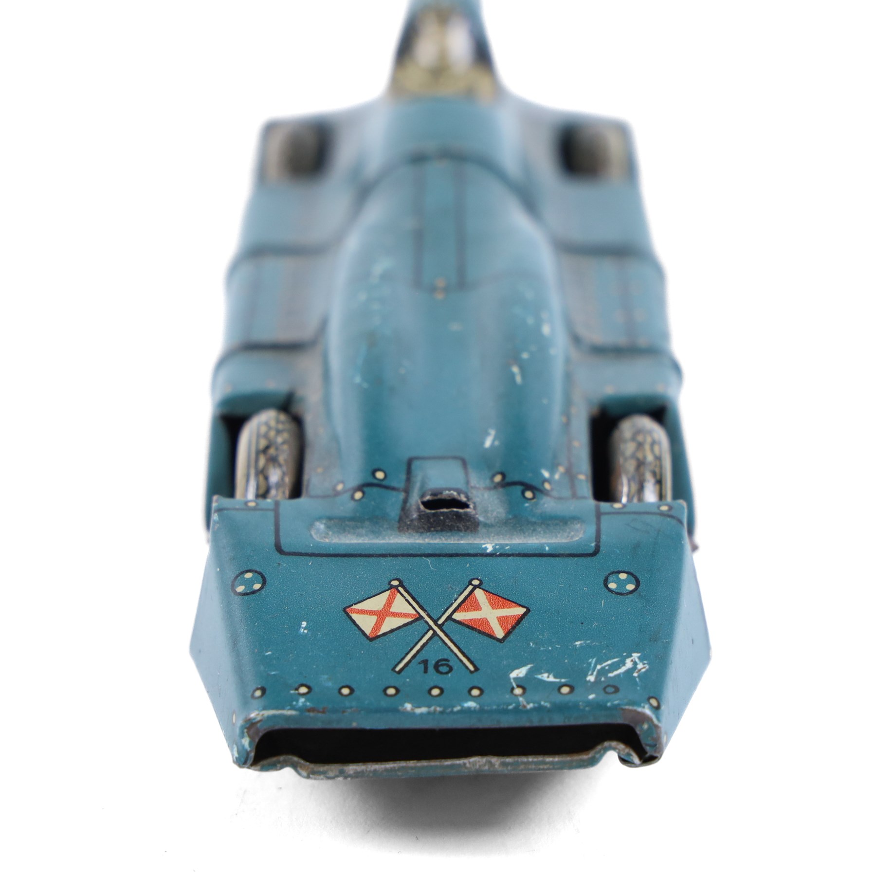 German tinplate clockwork model of Land Speed Record Car 'Bluebird' , blue body with 'Cord Success' to wheels