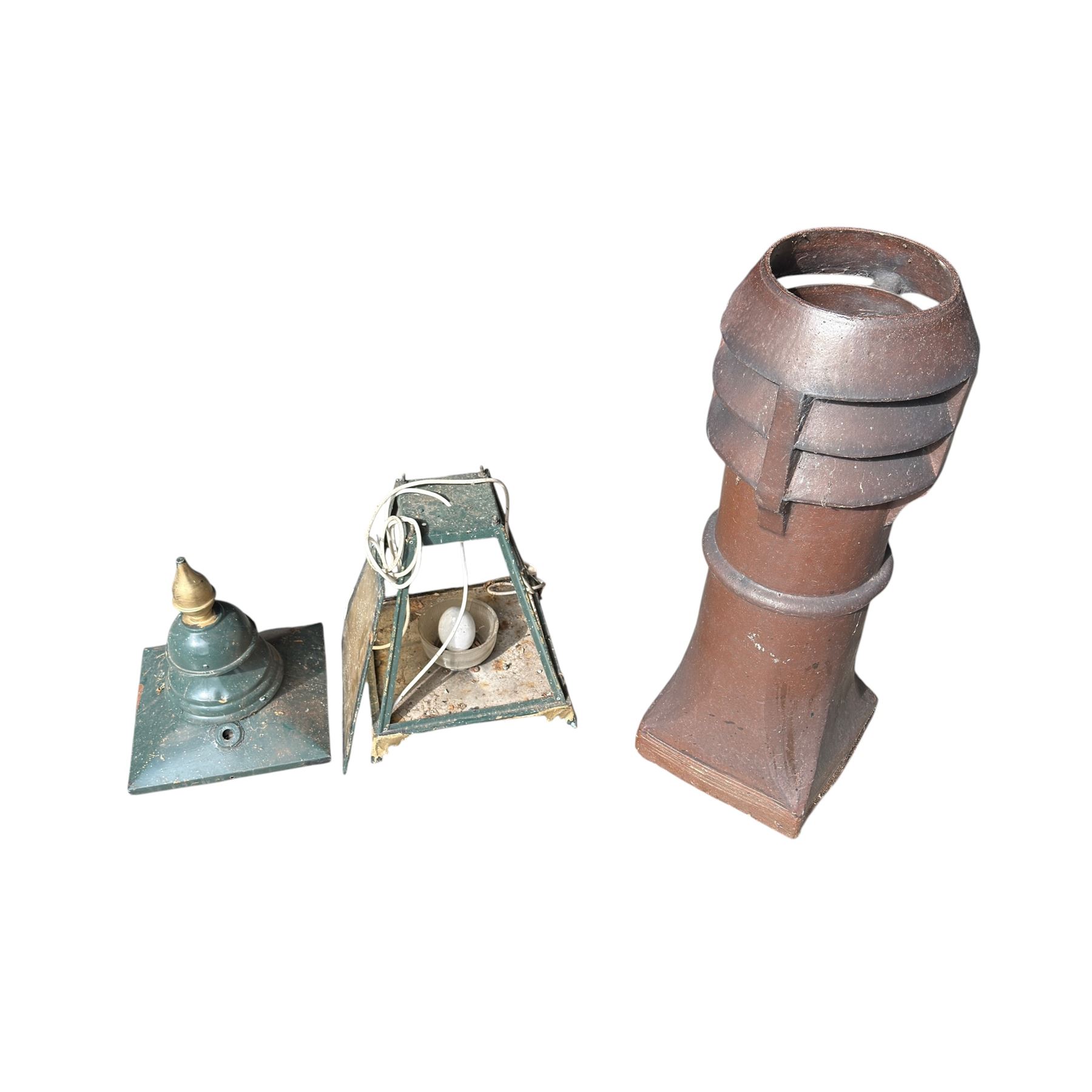 Terracotta chimney pot along with green painted outdoor lamp