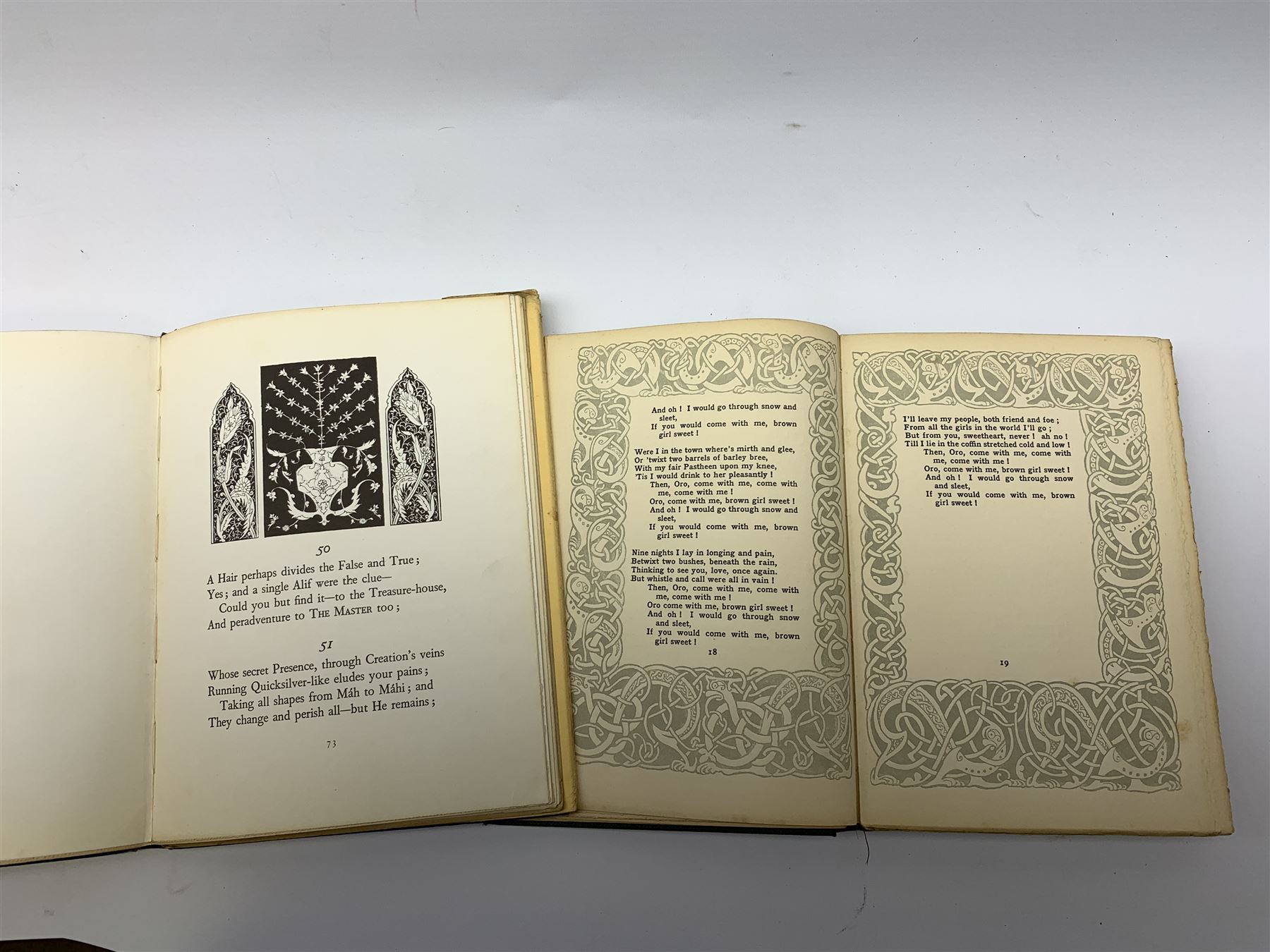 Rubaiyat of Omar Khayyam. The First and Fourth Renderings in English Verse by Edward Fitzgerald with Illustrations by Willy Pogany, with dustjacket; The Wild Harp. A Selection from Irish Poetry by Katharine Tynan with Decorations by C.M. Watts. 1908. Arts & Crafts Celtic style binding, title page and page margins; Flaubert Gustav: Salammbo. Mandrake Press Ltd.; and Robert Louis Stevenson. A Bookman Extra Number 1913 (4)