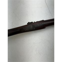 19th century single barrel percussion fire shotgun, muzzle loader, walnut stock with chequered grip and engraved steel fittings, the 84cm (33