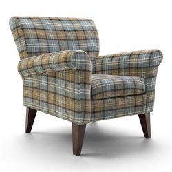 Contemporary armchair, upholstered in blue chequered fabric, dark stained square tapered supports