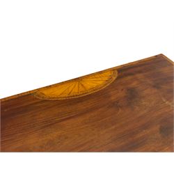 George III inlaid mahogany card table, demi-lune fold-over top with satinwood band and large fan motif, baize lined interior, double gate-leg action base, on square tapering supports with spade feet