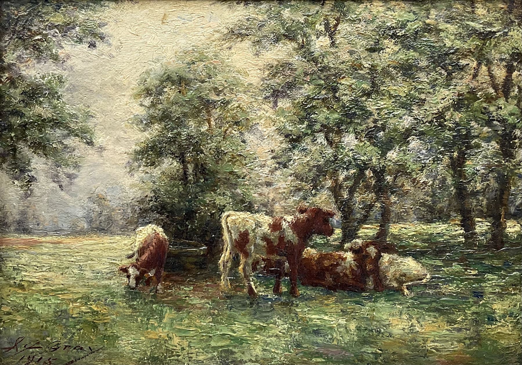 John C Gray (Scottish 1873-1958): Cattle Grazing, oil on canvas signed and dated 1915, 24cm x 34cm 
Notes: Gray, a Dundee artist, was born without arms and painted by holding a brush between his teeth and toes. 