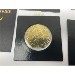 Four gold plated and coloured commemorative fifty pence coins, comprising 2017 Benjamin Bunny, Mr Jeremy Fisher, Tom Kitten and The Tale of Peter Rabbit, with Gold Strike certificate of authenticity