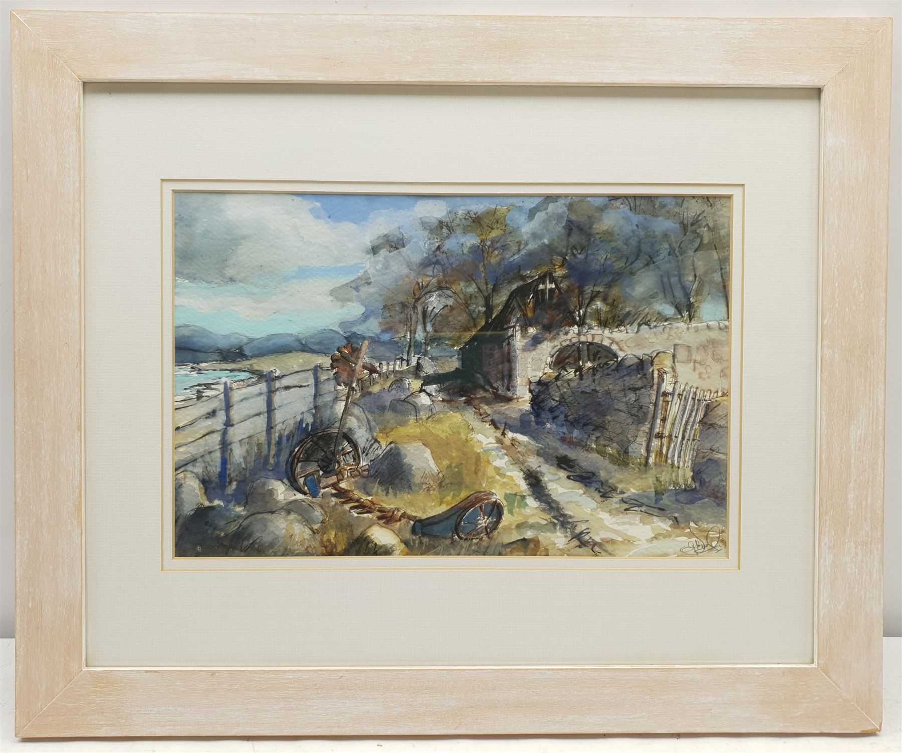 Gill Douglas (Northern British 1944-): 'Journeys End - Isle Ewe Wester Ross', watercolour signed, titled verso 24cm x 36cm 
Notes: Originally from Newcastle upon Tyne, at the age of 28 Gill moved to study Theatre Design at Art College in Nottingham.  On completion of her Diploma, in 1976,  she moved to York to establish herself as an artist and print maker.