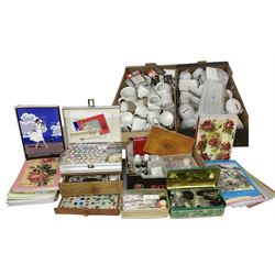Large collection of paints and accessories for decorating pottery and ceramics, together with plain white ceramics for painting, in five boxes  