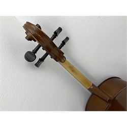 Modern Romanian student's three-quarter size cello with 70cm two-piece maple back and ribs and spruce top, bears label 'Musikinstrumentenfabrik Reghin Romania' L115cm overall