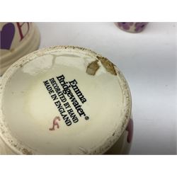 Collection of Emma Bridgewater spongeware ceramics, to include Pink Hearts pattern teapot, milk bottle vase, teacup and saucers, Love & Kisses sugar shaker and large 'I love you more than Marlon Brando' mug, British Birds and Black and White pattern mugs, etc, all with printed marks beneath, tallest H21.5cm