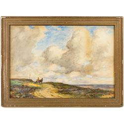 John Atkinson (Staithes Group 1863-1924): Heavy Skies over the Moors near Whitby with Lone Horse Drawn Cart, watercolour signed 38cm x 55cm