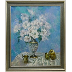 Gregori (Lysechko) Lyssetchko (Russian 1939-): Sill Life of Lilies in a Cut Glass Vase, oil on canvas signed and dated 2002, 64cm x 53cm   