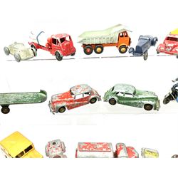 Various makers - thirteen unboxed and playworn die-cast models comprising Castle Racing Car; Dyson Racing car; six models by Morestone/Ben Bros including RAC motorcycle combination patrol, AA Landrover, Noddy car, two petrol tankers, Tipper lorry etc; and four models by Arbur including Fire-car with ladder, two cars and articulated flat-bed lorry (13)