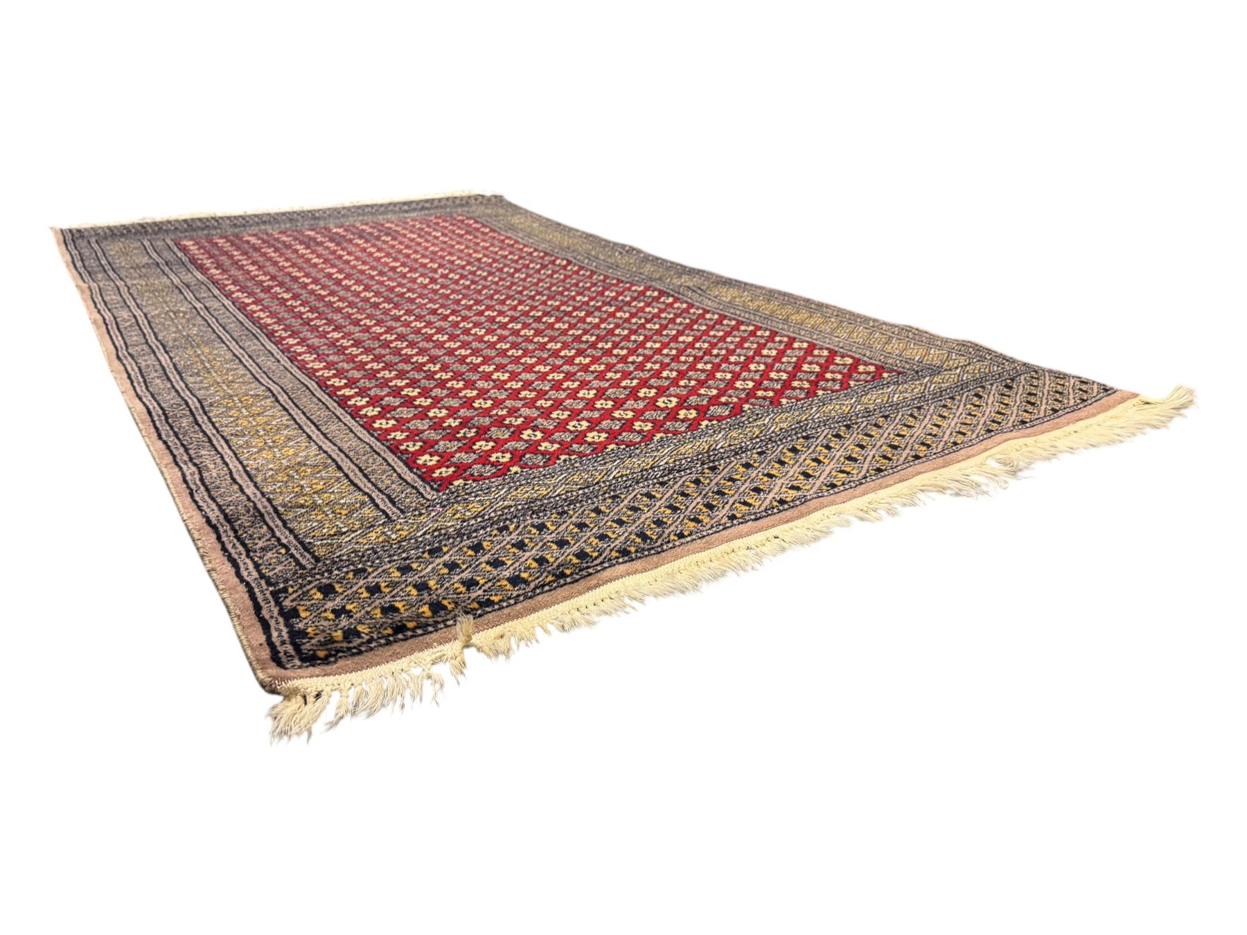Pakistani Kashan hand-knotted rug with a central medallion and intricate geometric floral patterns, set against a red field and framed by a multi-band border (156 x 94cm); Pakistani Kashan rug with a repeating floral motif across the red field, enclosed by a detailed geometric border in complementary tones (162 x 95cm)