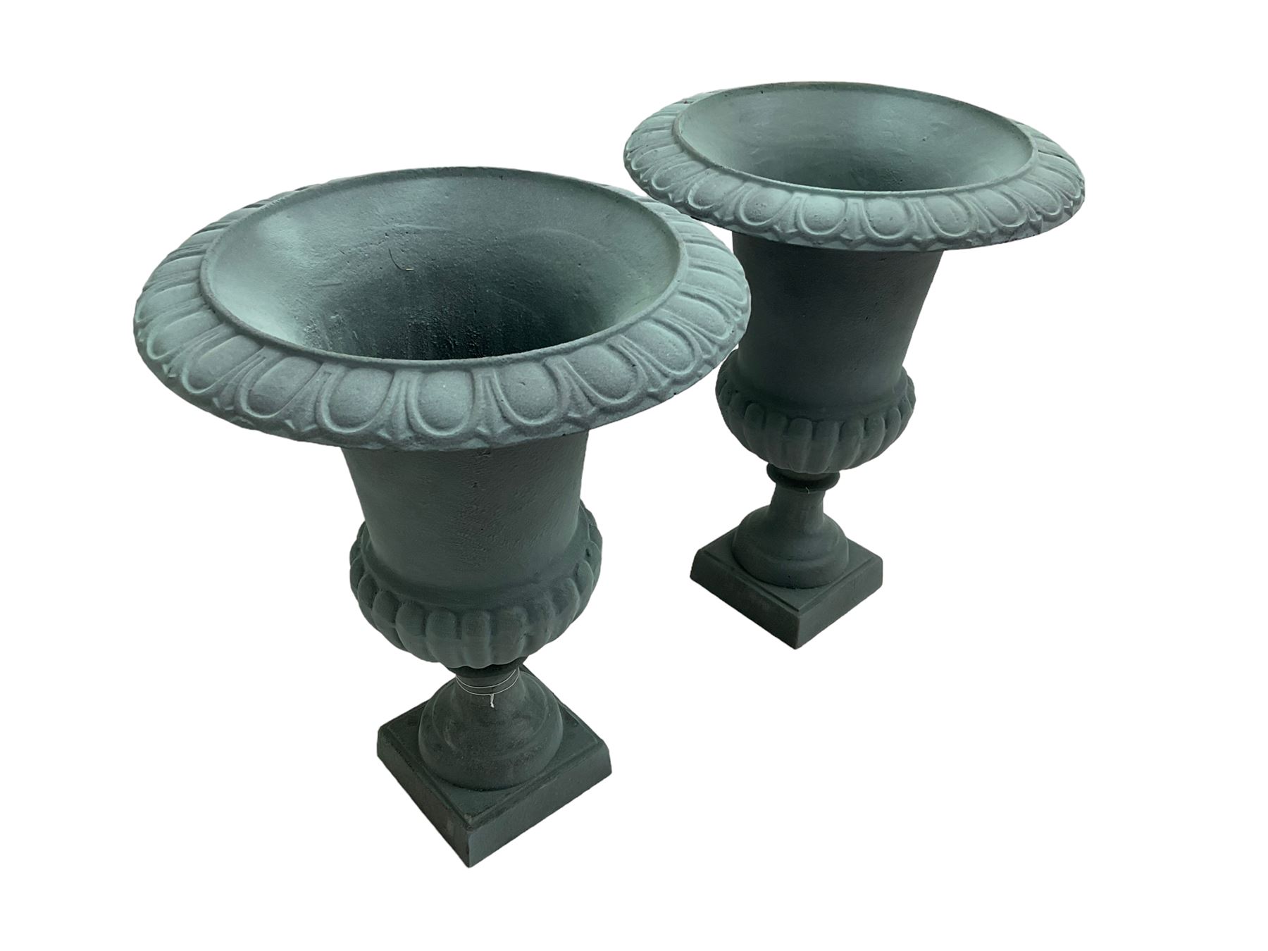 Pair of Victorian design teal painted cast iron campana shaped garden urns, egg and dart rim over a gadrooned underbelly, tapering column on square plinth base - THIS LOT IS TO BE COLLECTED BY APPOINTMENT FROM DUGGLEBY STORAGE, GREAT HILL, EASTFIELD, SCARBOROUGH, YO11 3TX