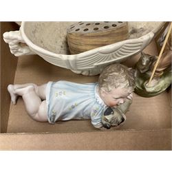 Royal Dux porcelain figure of shepherd boy and his dog with impressed number 2261, with applied pink triangular mark beneath, together with a piano baby holding a pug, shepherd H25cm, set of six small Royal Doulton Gleaners bowls together with further larger bowl, wo Arthur Wood twin handled vases to include one example in the Garden Wall pattern, together with a Beswick Ware merging green, yellow and cream vase, all with marks beneath, etc
