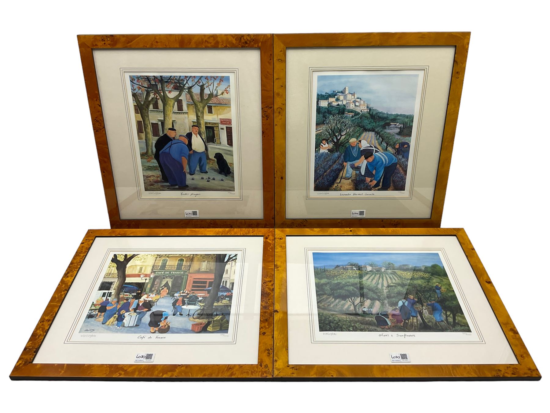 Margaret Loxton (British 1938-): 'The Celebration', limited edition colour print signed and numbered 123/1950 in pencil 37cm x 48cm; 'Olives & Sunflowers', 'Café de France', 'Lavender Harvest - Lacoste' and 'Boules Players', set four limited edition colour prints signed and numbered 335/1950 in pencil max 28cm x 34cm (5)