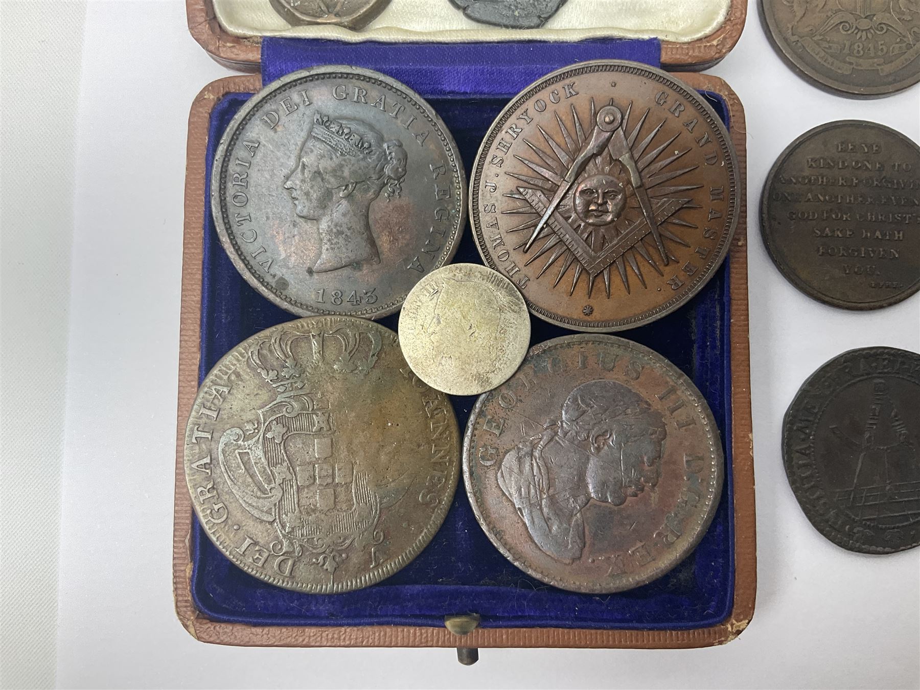 Coins, tokens, paranumismatic and miscellaneous items, including United States of America 1850 one cent, 1877 one dime, 1884 five cents, 1926 Liberty dime etc, Queen Victoria New Brunswick 1843 one penny token, East India Company 1845 half anna, Chinese cash coins, Grand Lodge of Maryland November 16th 1886 Centennial Session medallion etc