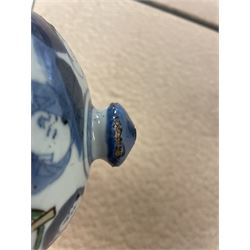 17th century Transitional period Chinese Wucai vase and cover, of baluster form, the body painted with ladies upon a terrace, and figures upon horseback and attendants within a fenced garden, the domed cover with knop finial painted with boys at play, H37cm
