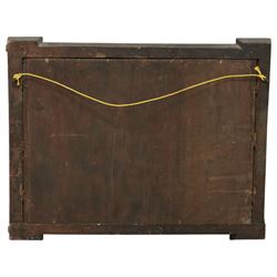 George I style mahogany and gesso architectural style wall mirror, with rectangular mirror plate bordered by gilt foliate moulded slip, within a shaped and crossbanded mahogany frame with stepped corner