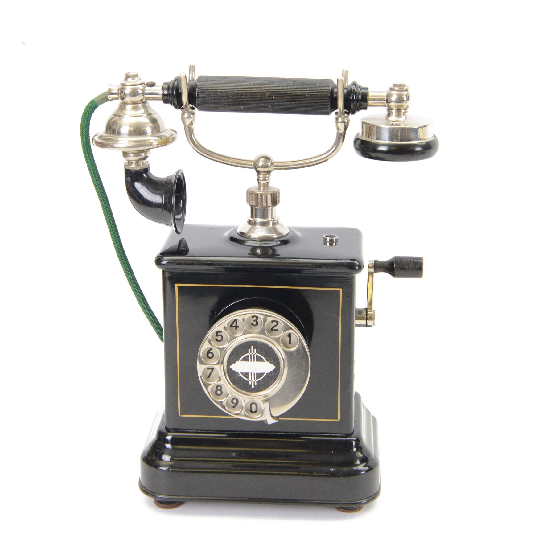 20th century Jydsk danish table top pillar telephone, with crank handle, bakelite and chrome mounted receiver, H34cm