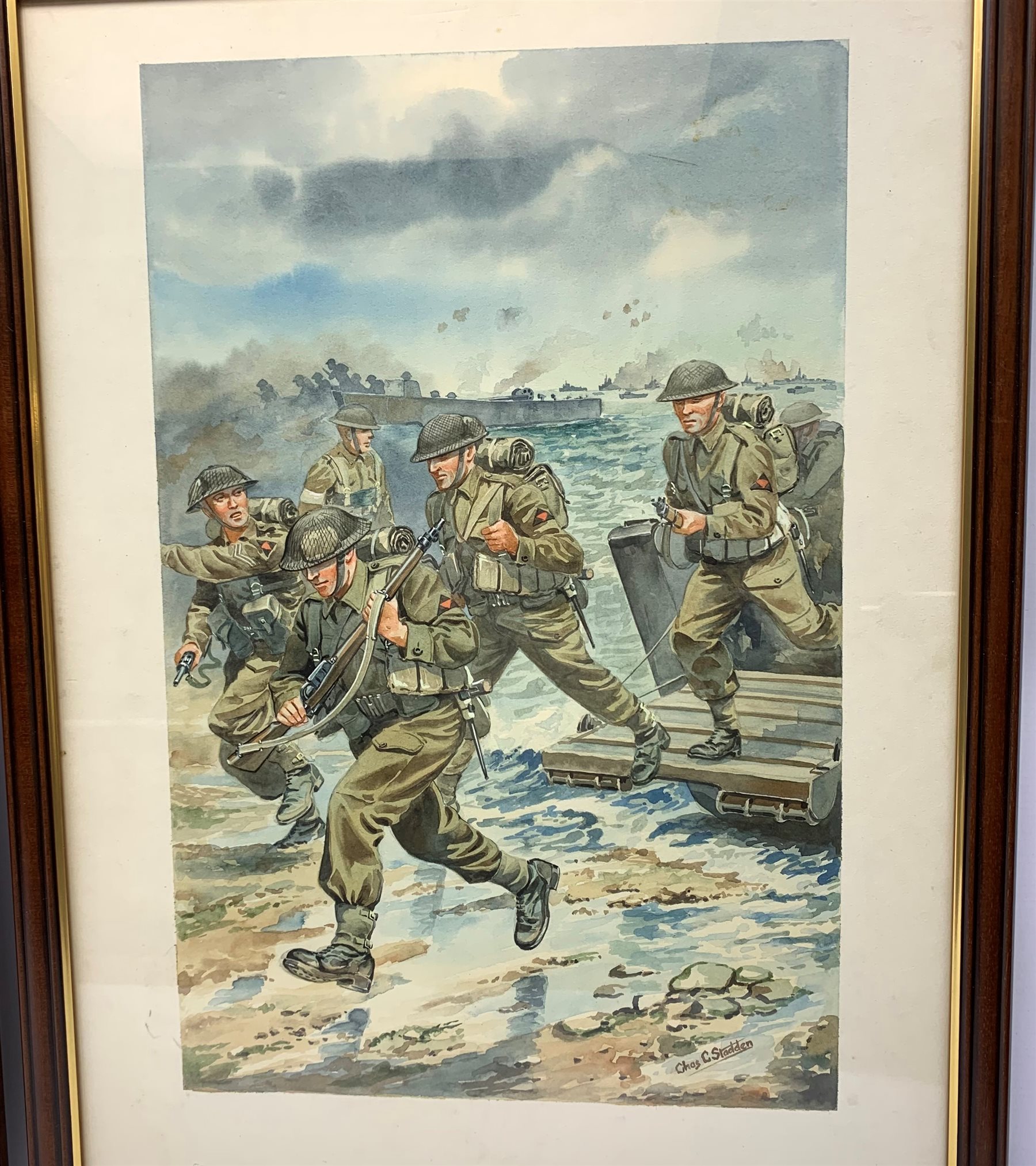 Charles C. Stadden (1919-2002) 'Ack Ack Gun' and 'Normandy Landing', pair of watercolours, signed 43 x 27.5cm, mahogany stained frames NB. Charles C. Stadden was a military sculptor, model maker and artist.