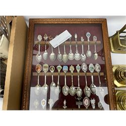 Group of assorted metal ware, to include two pairs of brass candlesticks, etc., plus a cased collection of souvenir spoons, in two boxes 
