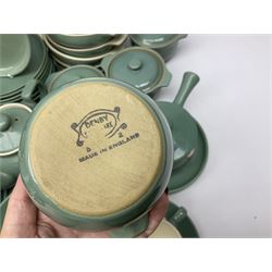 Denby Manor Green pattern part tea and dinner service, to include seven dinner plates, thirteen side plates, ten dessert plates, two oval dishes of various sizes, four cups and saucers, seven bowls with covers, two teapots etc (74)  