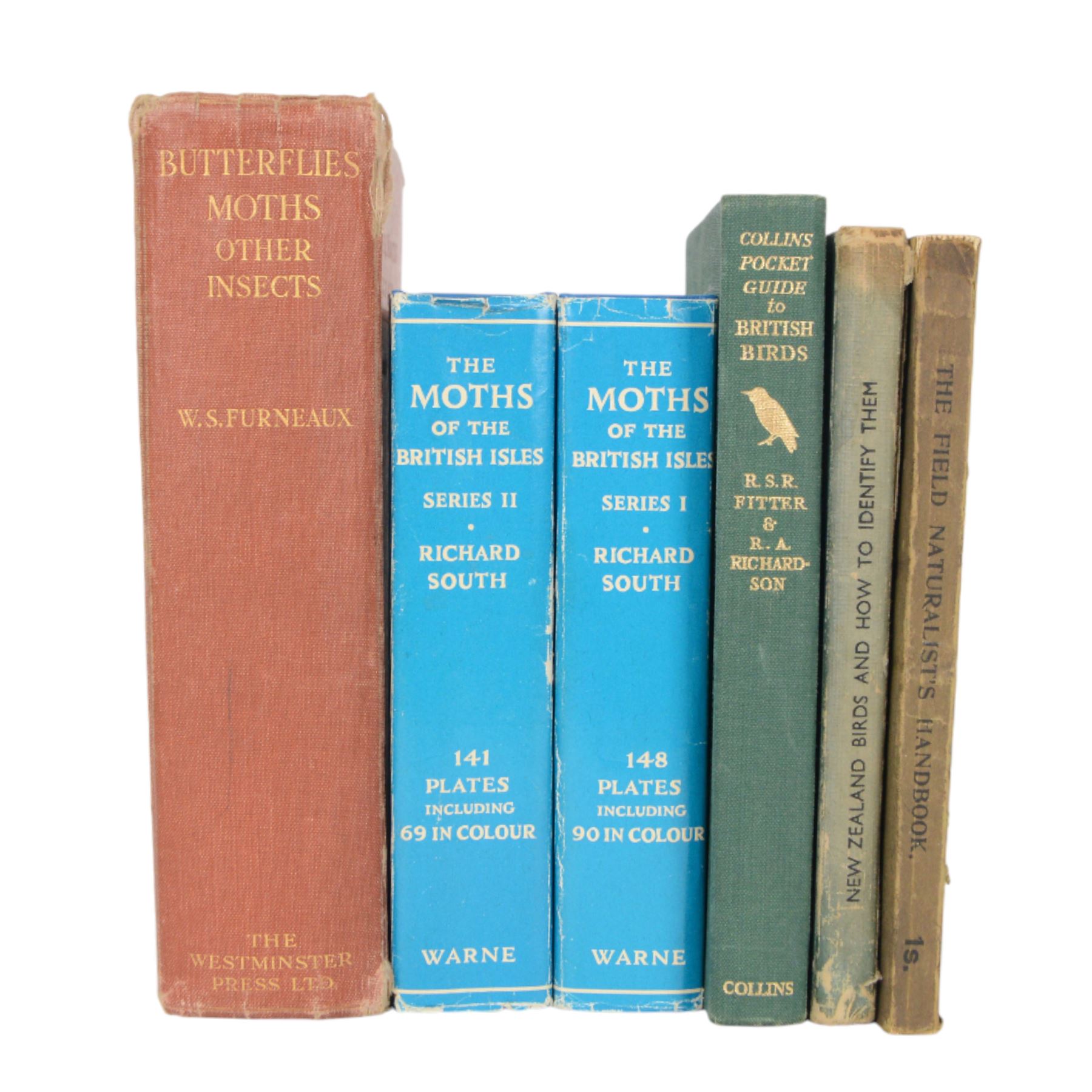 Six natural history books, Souths; Moths of the British Isles Vol.1 and 2, Furneaux; Butterflies, Moths and Other insects, Collins pocket guide to British Birds, The Field Naturalists Handbook and New Zealand Birds and How to Identify them