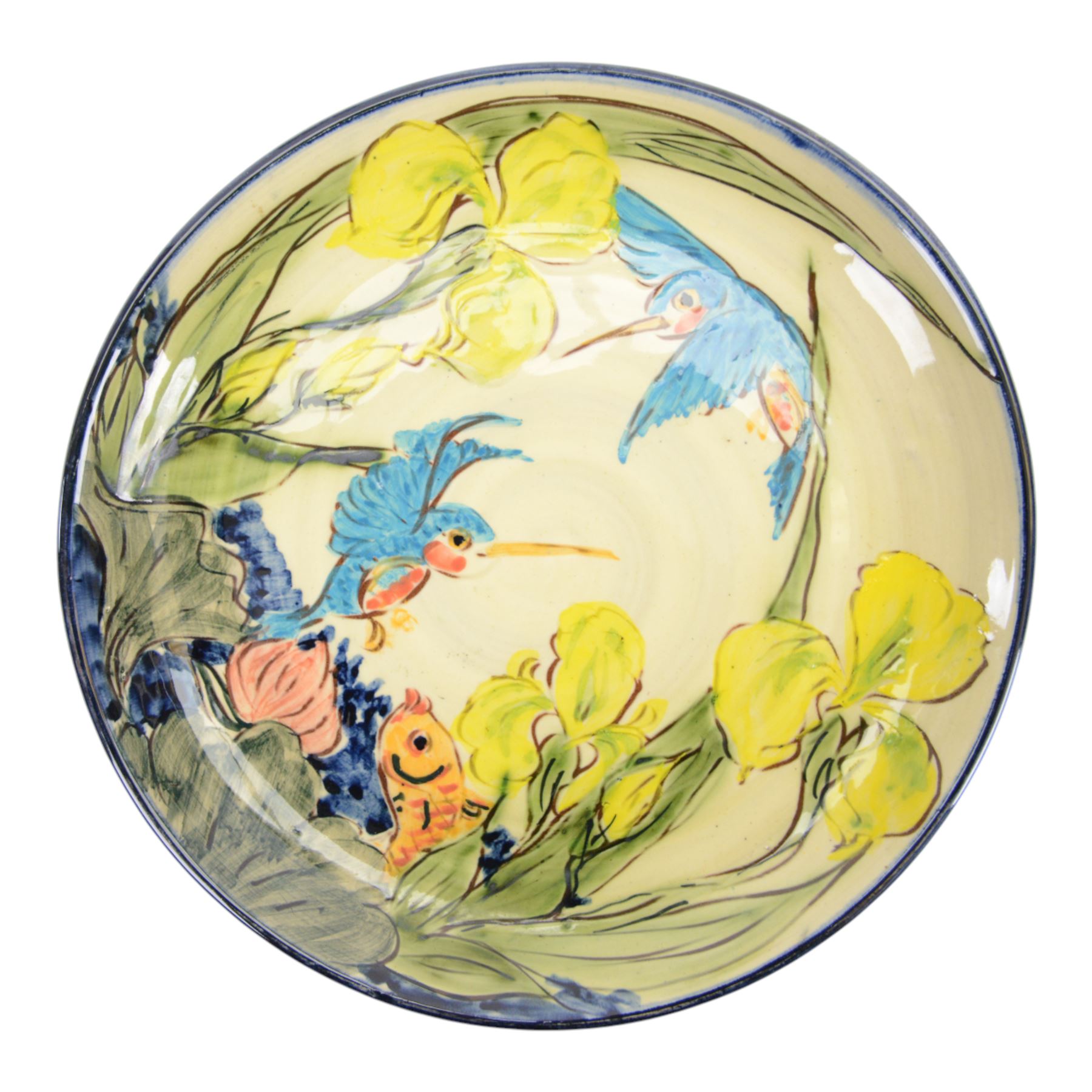 Paul Jackson Studio Pottery dished plate, decorated with Kingfishers and Koi fish amongst yellow irises, D26cm, together with a Paul Jackson Studio Pottery mug, of bellied form decorated with fruits, H11cm, each signed and dated 1996 and 1994