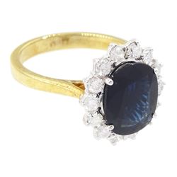 18ct gold oval cut sapphire and round brilliant cut diamond cluster ring, sapphire approx 3.30 carat, total diamond weight approx 0.85 carat
