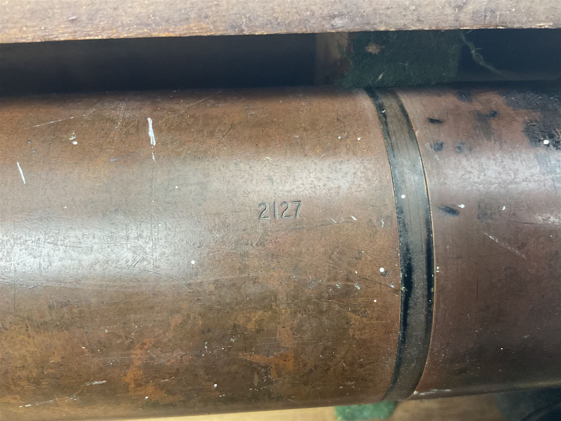 Early 20th century brass and black japanned gunsighting telescope inscribed 'G.S. Telescope X8 No.2127 W.G. Pye & Co Cambridge 1918 No.18' with X graticule to lens L53cm; in wooden box marked 'Gunsighting Telescope'