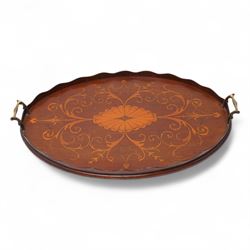 Edwardian mahogany oval two handled tray inlaid with central paterae and  foliage W59cm