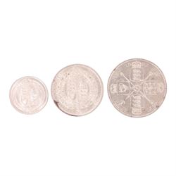 Queen Victoria 1887 silver double florin, half crown, and shilling coins (3)