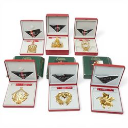 Set of six Georg Jensen annual mobile Christmas decorations, gold plated, comprising 1996 ...