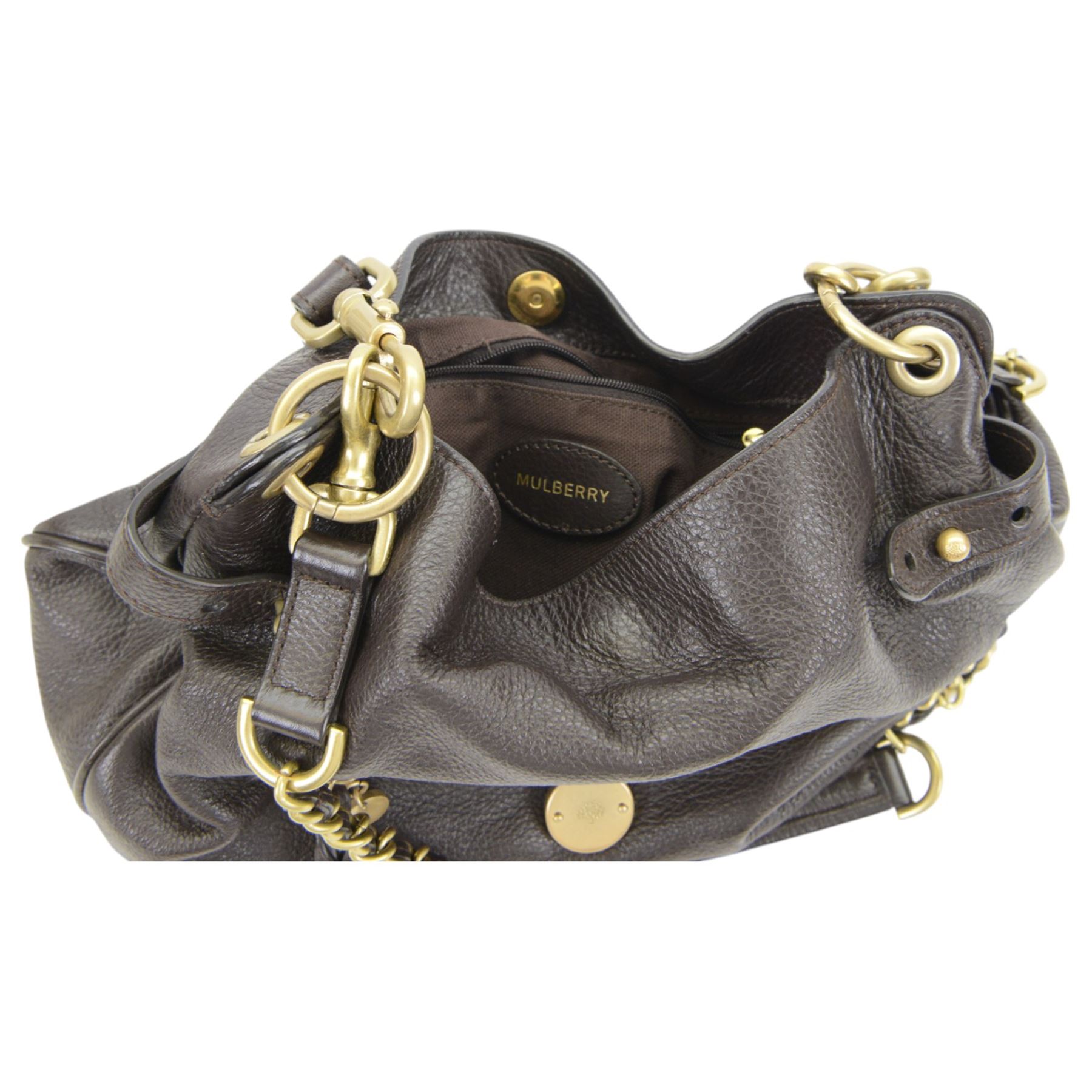 Mulberry 'Somerset Hobo' dark brown calfskin leather handbag, with short and long chain straps, the exterior with front zip pocket and gold tone mulberry logo zipper and fob beneath, with single pocket to the interior, serial no. 2192708, in Mulberry dust bag, H30cm, W34cm 