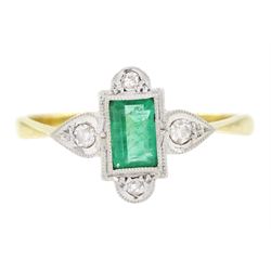 Edwardian gold and platinum emerald and diamond ring, single milgrain set rectangular cut ...