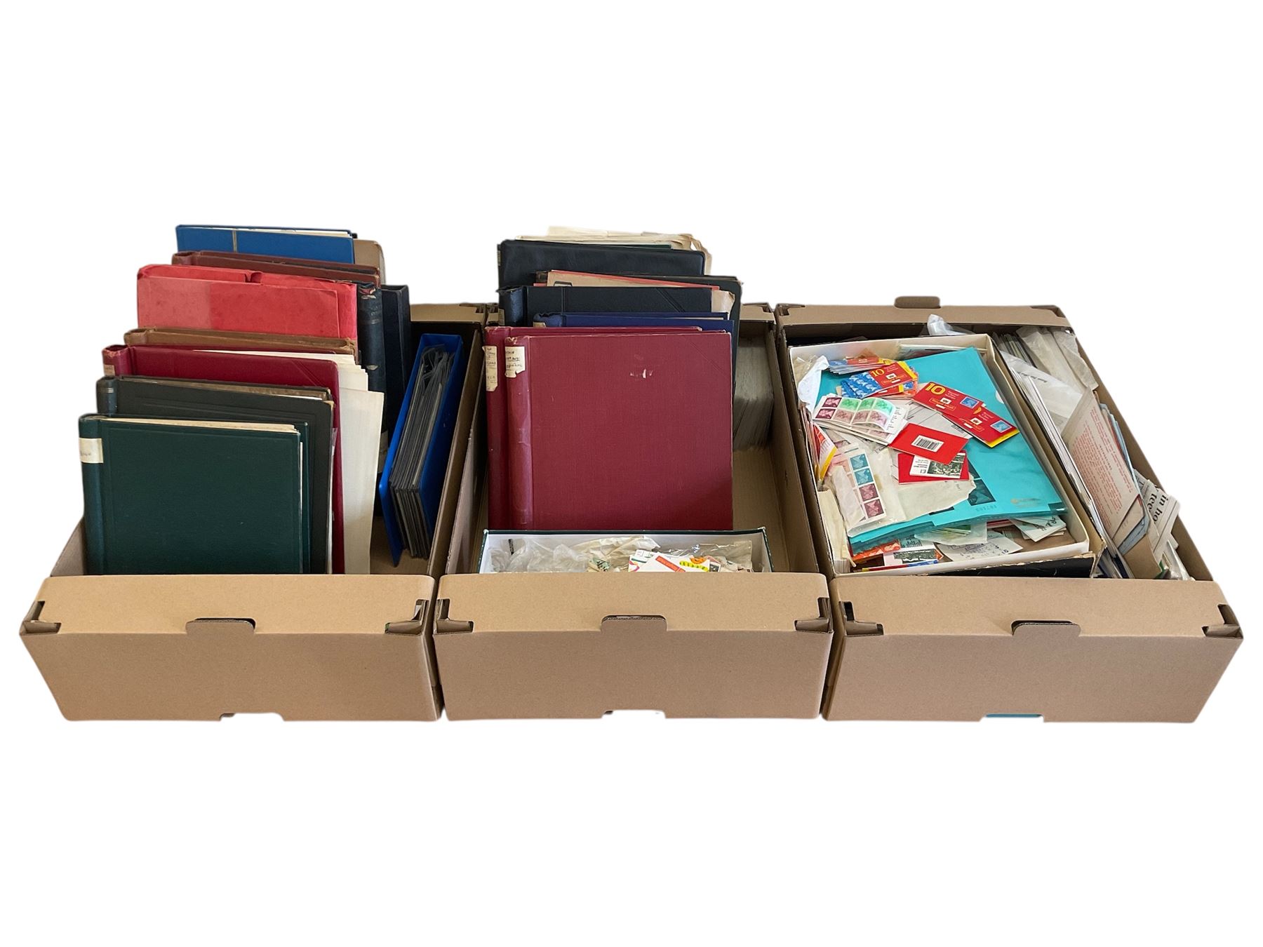 Great British and World stamps, including Queen Elizabeth II mint decimal, greetings booklets, South Africa, United States of America, first day covers, etc, in three boxes