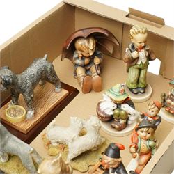 Nine Hummel figures including Umbrella Girl, Village Boy etc and a group of animal figures including Beswick and Royal Doulton