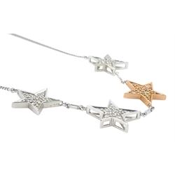 14ct white and rose gold pave diamond set stars, on 9ct white gold necklace chain, hallmarked