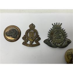 Made-up group of three WWI medals comprising 1914 Star awarded to 23598 Gnr. F. Jefferson R.G.A., British War Medal and Victory Medal with names removed; with ribbons on wearing bar; 1942 Motorist's Medal and small quantity of cap badges, Royalty badges etc