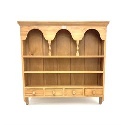 Pine three tier wall rack, projecting cornice, three shelves and four drawers 